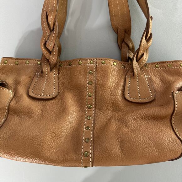 Fossil Tan Leather Shoulder Bag Satchel Studded Braided Handles w/ Key Charm - Picture 2 of 11